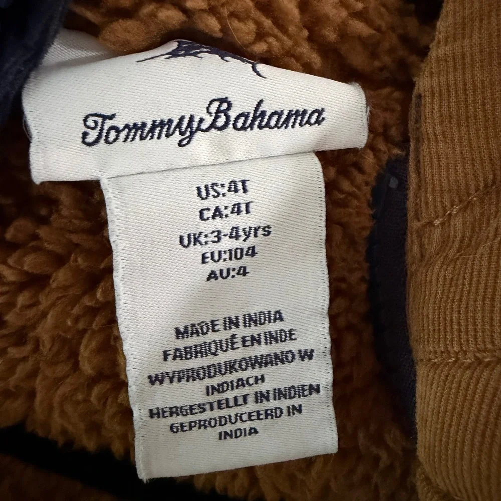 Tommy Bahama Puffer Vest Toddler 4T Tan Navy Blue Excellent Corduroy Hooded Zip